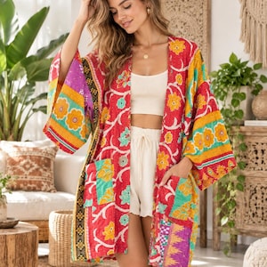 Handmade Reversible Kantha Quilted Kimono Robe, Multicolor Floral Patchwork Upcycled Cotton Saree, Indian Boho Jacket, Open Front