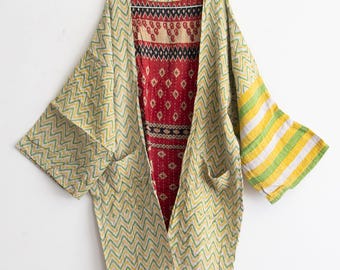 Handmade Cotton Kantha Kimono Jacket, Reversible Hippie Robe