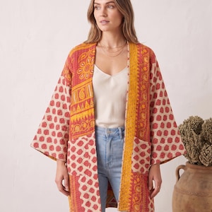 Vintage Kantha Kimono Robe, Handmade Patchwork Quilted Jacket, Reversible Cotton Boho Coat, Festival Outfit, Gift for Her