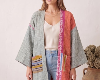 Reversible Cotton Kimono Jacket, Vintage Kantha Quilted Duster, Handmade Boho Style