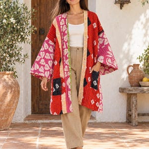 Reversible Kantha Kimono Jacket, Indian Patchwork Boho Jacket, Handmade Textile Kimono, Vintage Kantha Coat, Open Front Layering Jacket