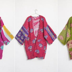 Vintage Kantha Kimono Jacket, Floral Patchwork Cotton Kimono, Handmade Indian Reversible Boho Jacket, Open Front Robe