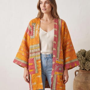Kimono Kantha vintage para mujer, bata de algodón con patchwork, cárdigan bohemio, chaqueta de sari reciclada, ropa para festivales.