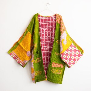 Boho Patchwork Kimono Jacket Yellow Green Kantha Quilted Handmade Cardigan, Floral Printed Lightweight Summer Cover