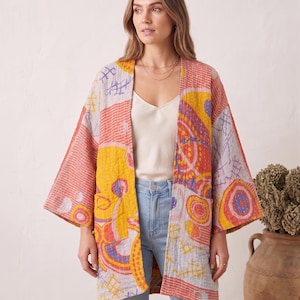 Vintage Kantha Kimono Jacket, Coral Abstract Print & Indigo Blue Floral, Reversible Cotton Kimono, Handmade Boho Duster Coat