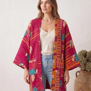 Vintage Floral Kantha Kimono Jacket with Pockets, Reversible Cotton Kimono, Handmade Boho Duster Coat, Bohemian Outerwear