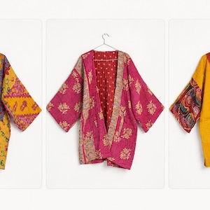 Reversible Cotton Kimono Jacket, Vintage Kantha Quilted Duster, Handmade Boho Style
