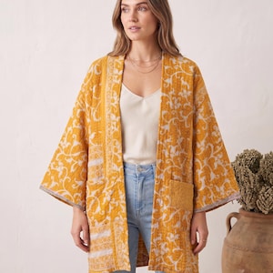 Vintage Kantha Kimono Jacket, Mustard Yellow Damask Print, Reversible Cotton Kimono, Handmade Boho Duster Coat, Women's Bohemian Outerwear