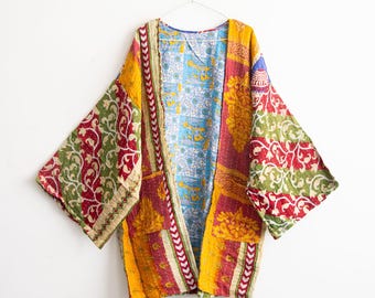 Handmade Reversible Kantha Quilted Kimono Robe, Bohemian Patchwork Cotton Jacket