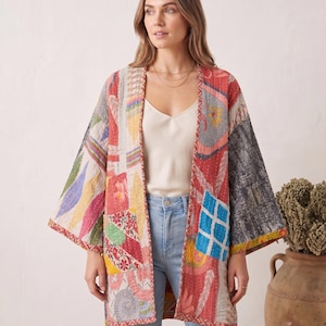 Vintage Kantha Quilted Jacket, Women's Cotton Kimono Robe, Handmade Reversible Patchwork Coat with Pockets