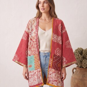 Handmade Vintage Kantha Jacket, Mustard & Pink Batik Floral Print, Reversible Cotton Kimono, Handmade Boho Duster Coat, Bohemian Outerwear