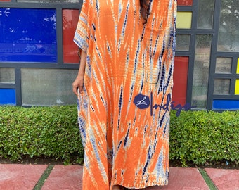 Maxi Tunic, Floor Length Tie Dye Kaftan, Tie Dye Gown, Abaya Caftan, Part Wear Long Rayon Dress for Women, Tie Dye Kimono LE#05