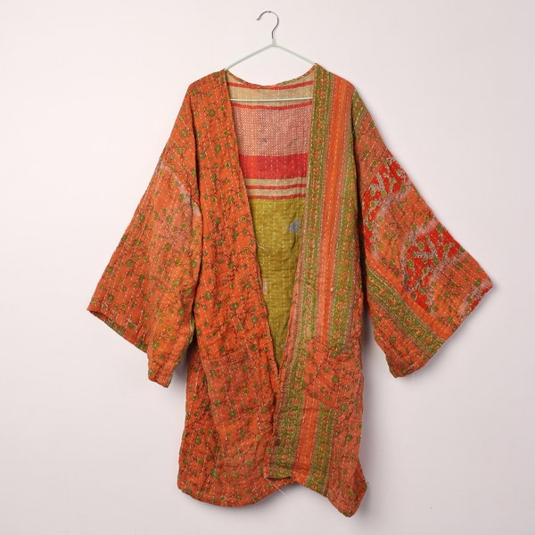 Handmade kantha robe vest size coat kantha jacket old recycle sari jacket kimono floral multicolor vintage Indian jacket LEVK#46