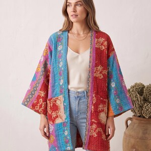 Vintage Kantha Patchwork Kimono Jacket for Women, Handmade Cotton Boho Cardigan, Block Print Open Front Lightweight Robe