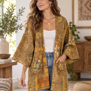 Vändbar Kantha-kimonojacka, indisk lapptäcksjacka i boho-stil, handgjord textilkimono, vintage Kantha-kappa, öppen framtill-lagerjacka