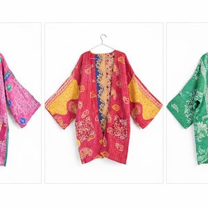 Vintage Kantha Kimono Robe for Women, Patchwork Cotton Cover Up, Boho Cardigan, Upcycled Saree Jacket, Festival Wear