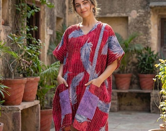 Hand Stitched Kantha Quilted Kaftan Jacket, Reversible Cotton Robe