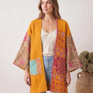 Handmade Vintage Kantha Robe, Mustard & Pink Batik Floral Print, Reversible Cotton Kimono, Handmade Boho Duster Coat, Bohemian Outerwear