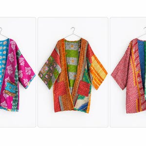 Vintage Kantha Patchwork Kimono Jacket for Women - Handmade Reversible Boho Coat - Indian Cotton Jacket - 3 Color and Design Variations