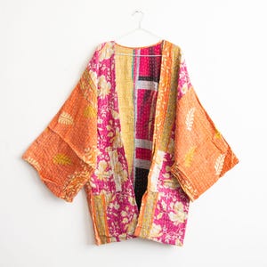 Boho Patchwork Kimono Jacket – Orange Pink Floral Kantha Quilted Cover Up, Handmade Lightweight Summer Cardigan
