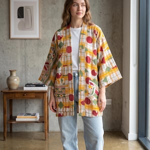 Chaqueta kimono Kantha vintage, bata bohemia de patchwork hecha a mano, ropa de mujer de estilo indio.