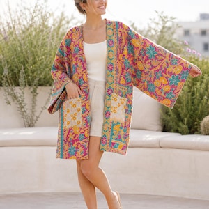 Patchwork Kantha Kimonojacka, Handgjord Vändbar Bomullsmorgonrock, Vintage Boho Kappa för Dam, Festivalgåva