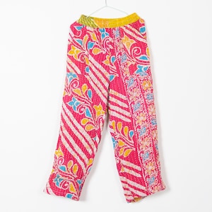 Rosa Kantha Patchwork-byxor för kvinnor, Boho vida byxor, Återvunna bomullspyjamasbyxor, Hippie Lounge-byxor