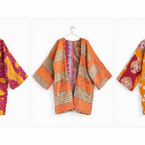 Vintage Kantha quiltad jacka, handgjord vändbar kimono i bomull, återvunnen bohemisk blommig kappa, hantverksgåva för kvinnor
