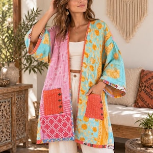 Reversible Kantha Jacket, Vintage Sari Patchwork Kimono, Handmade Indian Cotton Duster, Boho Robe, Colorful Summer Outerwear