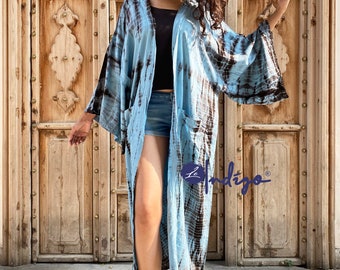 New hand tie dyed kimono, Maxi beach dress, New elegant loose fit summer dress pocket kimono LE#14