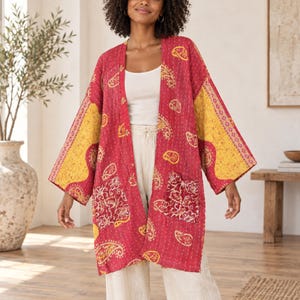 Vintage Kantha Kimono Jacket, Patchwork Reversible Boho Cardigan, Upcycled Cotton Saree,  Festival Wear