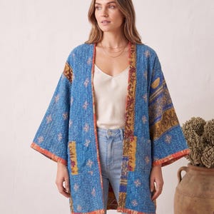Vintage Kantha Kimono Jacket for Women, Patchwork Quilted Kimono, Handmade Boho Cotton Cover Up, Reversible Indian Kantha Robe