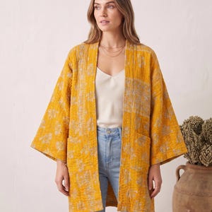 Boho Kimono Jacket, Vintage Mustard Kantha Cotton Coat, Reversible Floral Duster, Lightweight Layering Piece