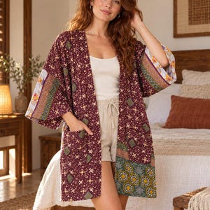 Chaqueta kimono Kantha vintage, kimono reversible de algodón, abrigo largo bohemio hecho a mano, ropa de abrigo bohemia para mujer (3 variaciones).