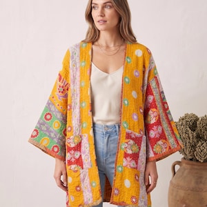 Boho Vintage Kantha Kimono Reversible Cotton Wrap Jacket with Pockets, Handmade Duster Coat, Patchwork Floral Kimono