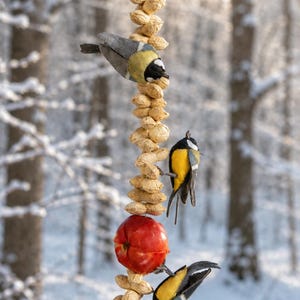 Op de afbeelding: Een verticale vogelvoederhanger bestaande uit een lange kolom van lichtbruine pinda's in de dop, afgewisseld met een enkele felrode appel, met drie kleine gele, zwarte en grijze vogels die op het voer zitten om te eten.