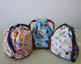 2x Lunch Bag M size Round Base Drawstring Variety Colour Picnic Reusable Pouch Handle Cotton Flexible Cosmetic Travel Gift