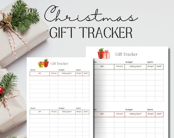 May include: Printable Christmas gift tracker with a festive red and green watercolour design. The tracker includes columns for name, gift, price, budget, hiding spot, wrap, and mail.