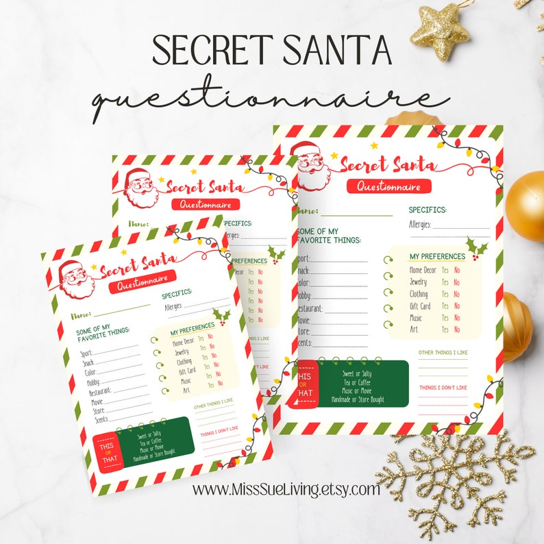 Secret Santa Questionnaire Form Gift Exchange Printable (PDF) Etsy