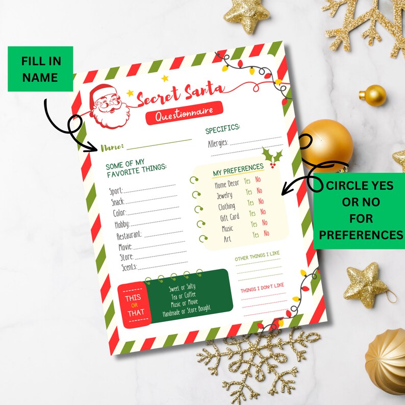 Secret Santa Questionnaire, Secret Santa Questionnaire Printable, Secret Santa Questionnaire for ...