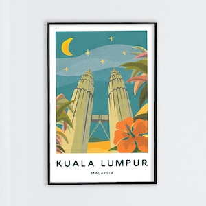 Kuala Lumpur Travel Poster | Petronas Towers | Malaysian Art Print | Malaysian Wall Art | Malaysian Souvenir | Mid-Century Style Travel Art