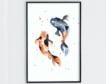 Koi Fish Print | Koi Couple Watercolor Art | Oriental Wall Decor | Zen Art | Japanese Koi Carp | Lucky Fish | Wedding Gift Anniversary Gift