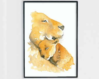 Lion Mom and Baby Watercolor Print | Safari Themed Nursery Decor | Baby Shower Gift Idea | Animal Print for Nursery | Baby Arrival Gift