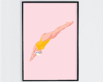 Swimmer Art Print / Diving Swimmer Poster / Giclee Art Print / Mid Century Wall Art / Gift for Swimmer / Strong Women Print