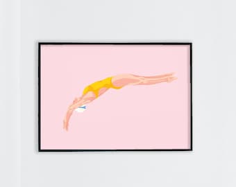 Swimmer Art Print / Diving Swimmer Poster / Giclee Art Print / Mid Century Wall Art / Gift for Swimmer / Strong Women Print