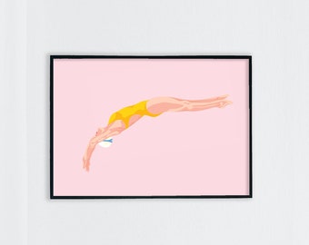 Swimmer Art Print / Diving Swimmer Poster / Giclee Art Print / Mid Century Wall Art / Gift for Swimmer / Strong Women Print