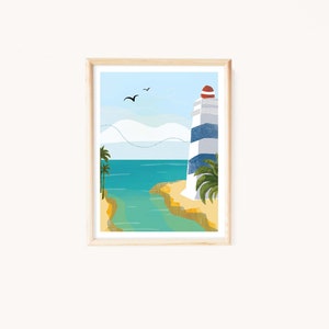 May include: A framed art print featuring a coastal scene with a lighthouse. The lighthouse has blue and white stripes and a red top. Palm trees, a sandy beach, and turquoise water are also depicted. Two birds fly in the sky.
