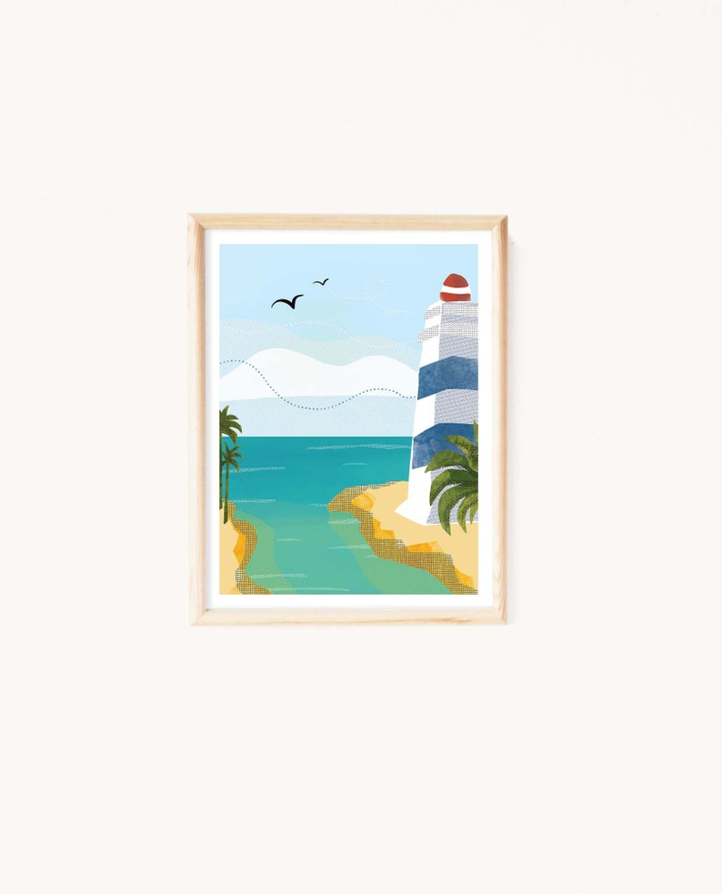 May include: A framed art print featuring a coastal scene with a lighthouse. The lighthouse has blue and white stripes and a red top. Palm trees, a sandy beach, and turquoise water are also depicted. Two birds fly in the sky.