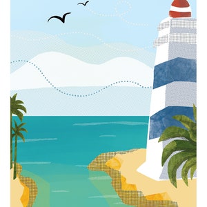 May include: Coastal art print featuring a lighthouse with blue and white stripes and a red top. The scene includes palm trees, a sandy beach, and turquoise water under a light blue sky with birds in flight. The artwork has a textured, illustrated style.