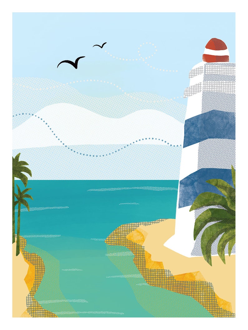 May include: Coastal art print featuring a lighthouse with blue and white stripes and a red top. The scene includes palm trees, a sandy beach, and turquoise water under a light blue sky with birds in flight. The artwork has a textured, illustrated style.